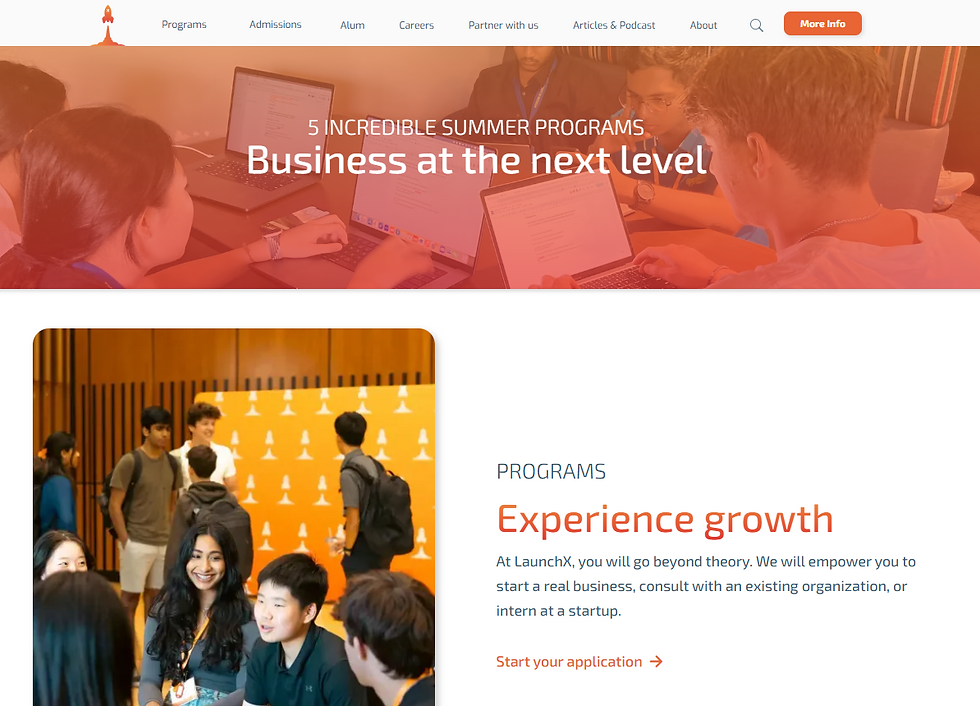 People working on laptops with the text "5 Incredible Summer Programs: Business at the next level" and a group of people interacting below.