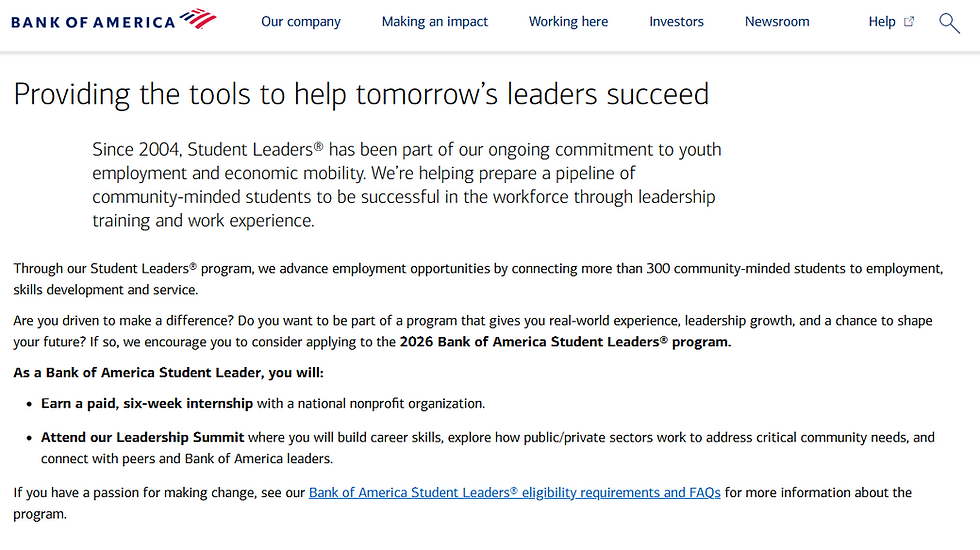 Bank of America Student Leaders program offers internships and a leadership summit for students. Text highlights opportunities and benefits.