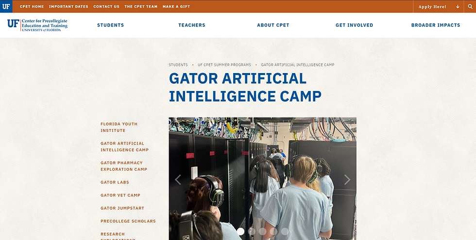 Students wearing headphones tour a server room at the Gator Artificial Intelligence Camp. Cables are visible above. Text: Gator AI Camp.