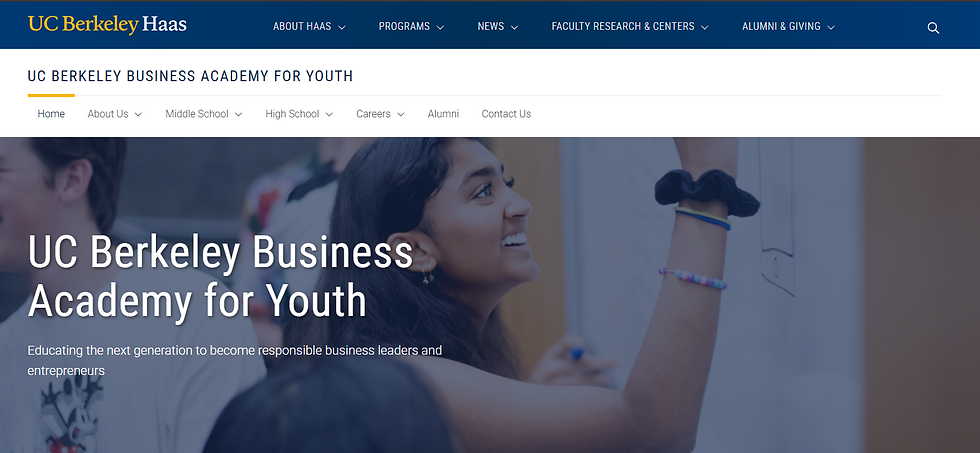 Smiling student writing on a whiteboard at UC Berkeley Business Academy for Youth. Text: Educating future leaders and entrepreneurs.