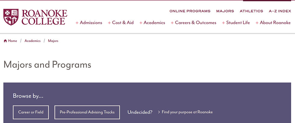 Roanoke College webpage showing "Majors and Programs" with options to browse by career, field, or advising tracks. Purple and white design.
