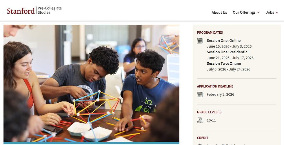 Students build a colorful geometric structure at a table in a classroom on a Stanford Pre-Collegiate Studies page.