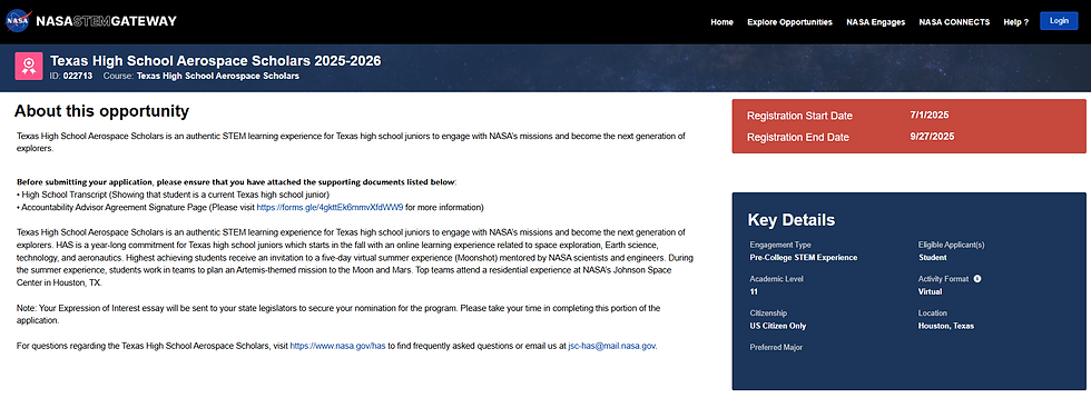 NASA STEM Gateway page for Texas High School Aerospace Scholars 2025-2026, with registration dates and key details panel.