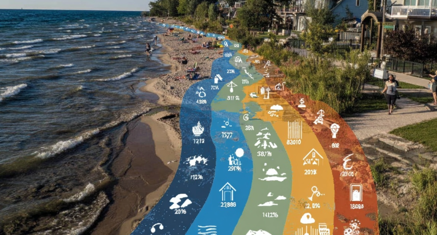 Beach scene with people walking and relaxing. A colorful infographic overlay displays icons and percentages, enhancing the visual.