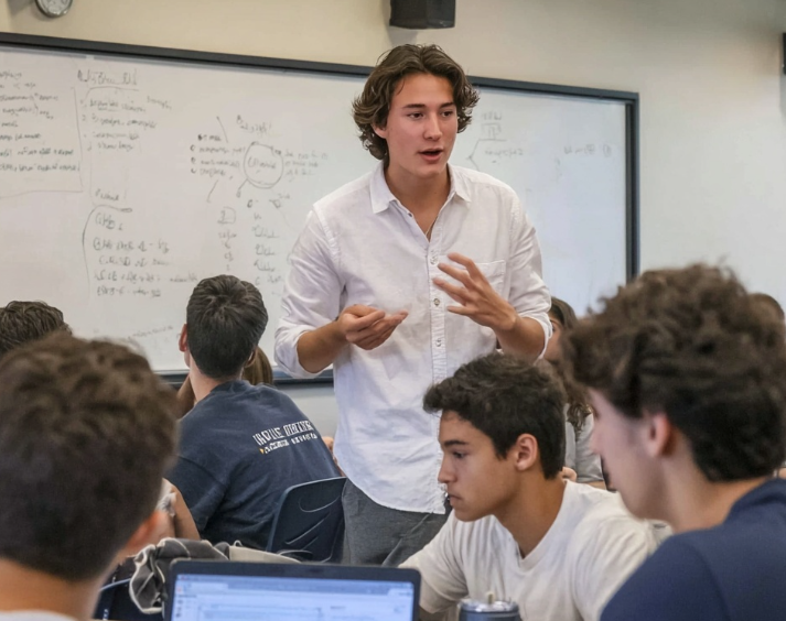 Student speaks to classmates in a classroom, gesturing before a whiteboard covered with notes, while others listen and work on laptops