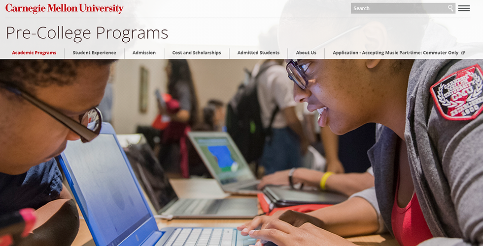 Carnegie Mellon University Pre-College Programs webpage with two students leaning over blue laptops in a classroom, focused and working