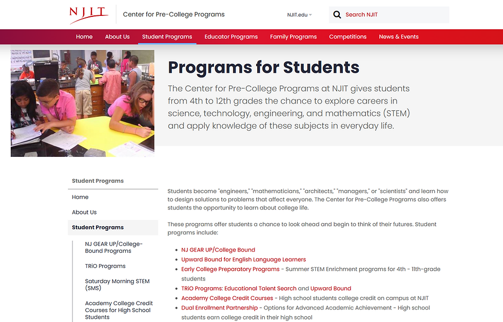 Students studying at desks, in a STEM-focused NJIT program webpage. Red, white design with program details and menu visible.