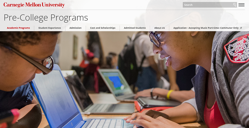 Carnegie Mellon University Pre-College Programs webpage with students working on laptops in a classroom, navigation tabs and search bar.