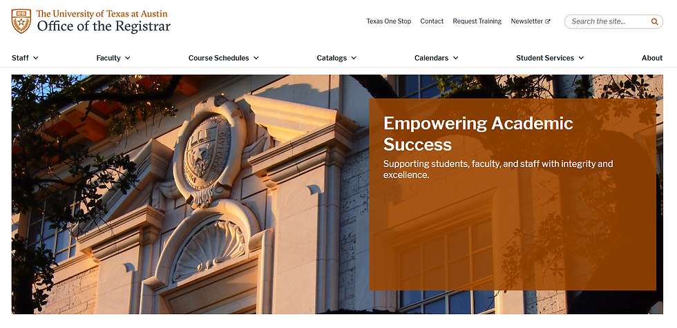 UT Austin Office of the Registrar homepage with a campus building photo and banner reading Empowering Academic Success.