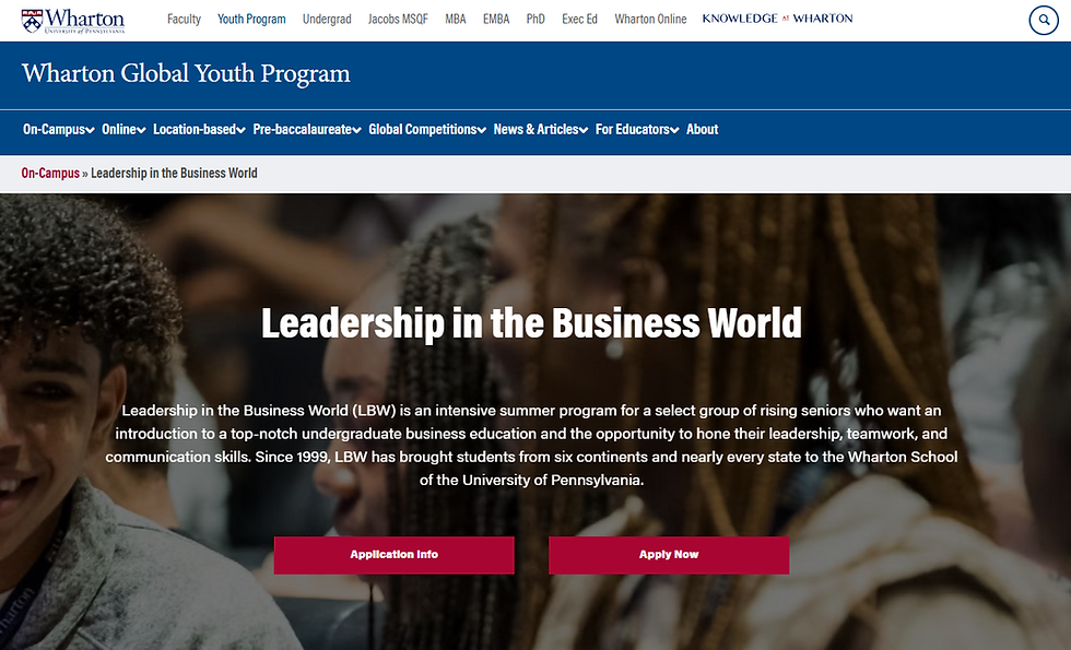 Wharton Global Youth Program webpage featuring "Leadership in the Business World" info, a smiling student in the background, and apply buttons.
