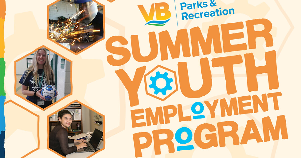 VB Parks & Recreation Summer Youth Employment Program poster with images of welding, a smiling girl with a soccer ball, and a person using a laptop.