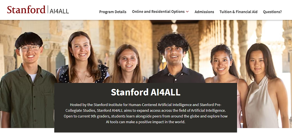 Stanford AI4ALL webpage hero showing six smiling students in a sunlit stone corridor, with Stanford AI4ALL text overlay.