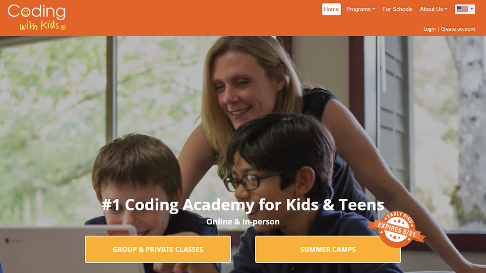 A woman guides two kids on laptops. Text: #1 Coding Academy for Kids & Teens. Buttons for Group & Private Classes and Summer Camps.