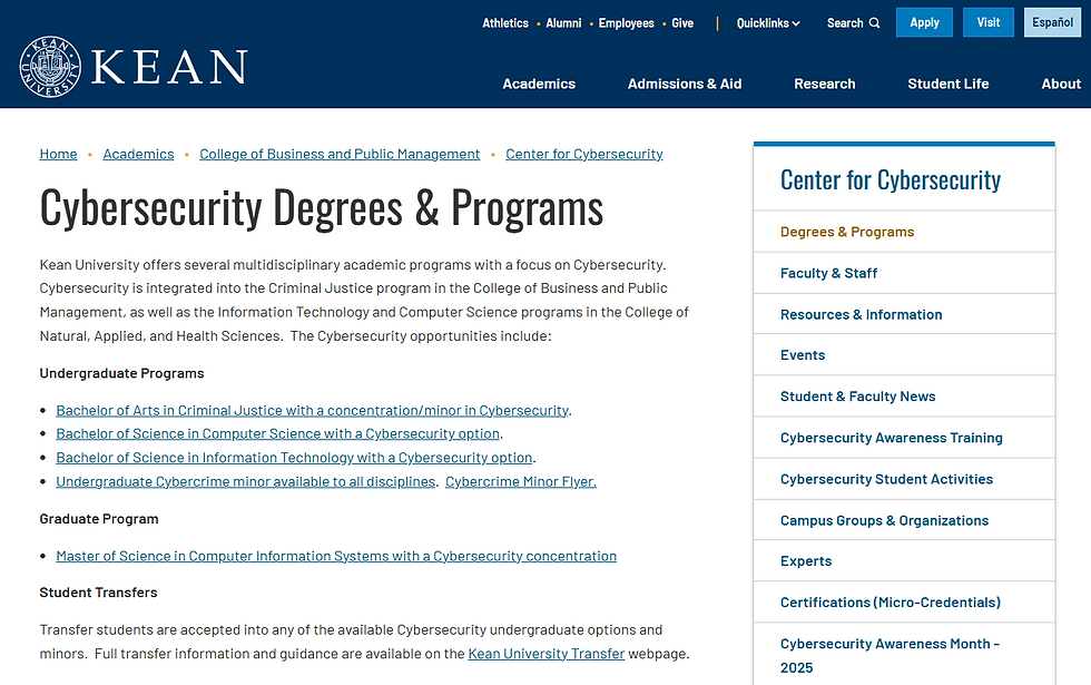 Kean University webpage detailing cybersecurity programs offered, with links to degrees and transfer options. Sidebar lists related resources.
