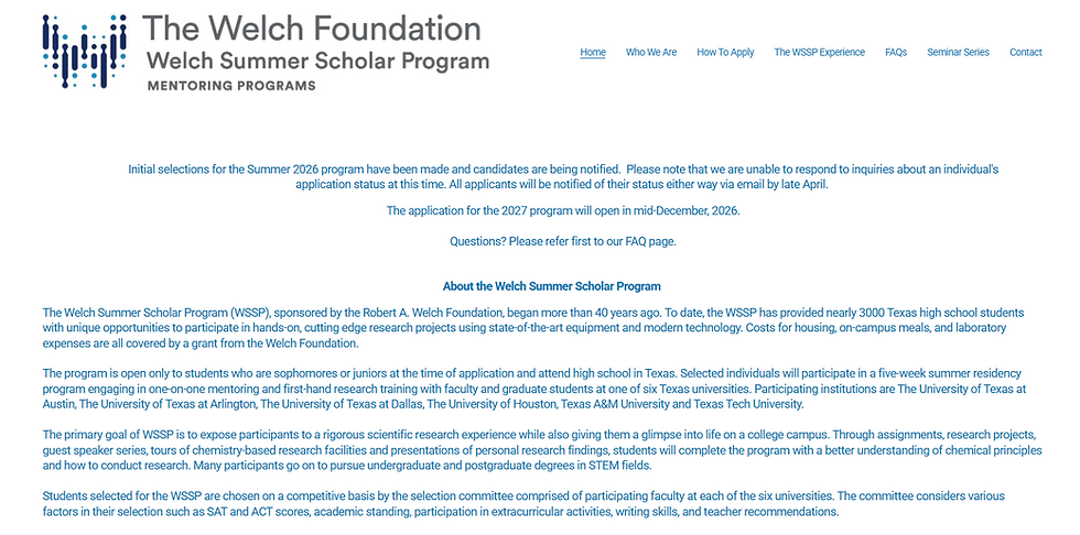 Welch Foundation Summer Scholar Program webpage with blue navigation links and announcement text on a white background.