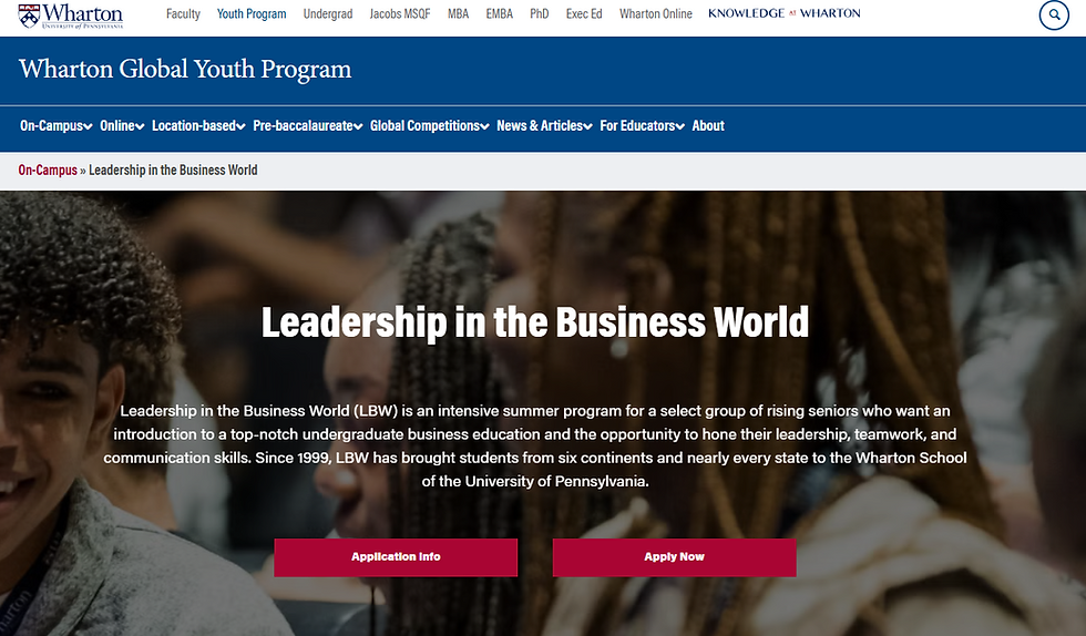 Smiling students in the background, text reads "Leadership in the Business World." Buttons say "Application Info" and "Apply Now," set against a dark, blurred backdrop.