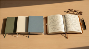 Notebooks on a wooden table, one open with sketches and notes. Glasses and pen beside in sunlight. Warm, studious atmosphere.