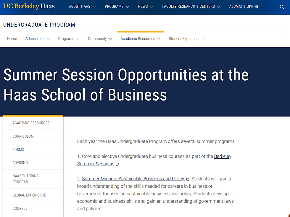 UC Berkeley Haas webpage about summer session opportunities at the School of Business, featuring academic resources and program details.