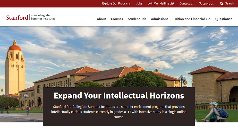 Stanford campus with Hoover Tower. Text: Expand Your Intellectual Horizons. Info on pre-collegiate summer institutes for grades 8-11.