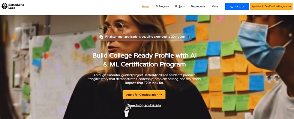 BetterMind Labs webpage hero with woman and masked person in a sticky-note office, headline about AI & ML certification program
