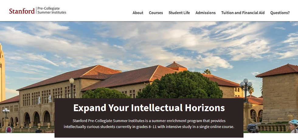 Stanford Pre-Collegiate Summer Institutes webpage with campus buildings, blue sky, and banner reading Expand Your Intellectual Horizons.