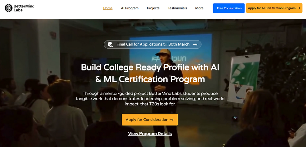 Audience watching a presentation in a dim room. Text on screen: "Build College Ready Profile with AI & ML Certification Program."