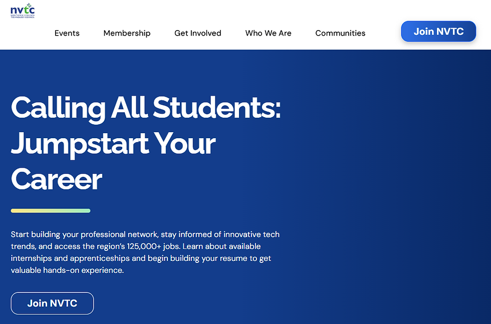 Blue NVTC webpage inviting students to jumpstart careers. Includes text about networking, jobs, internships, and a "Join NVTC" button.