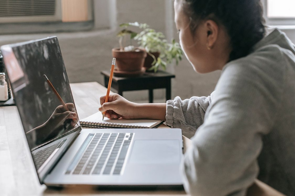 Person taking notes beside an open laptop at a home desk, with a potted plant in the background and a calm, focused mood.