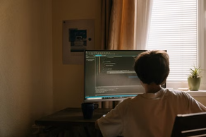 Boy seen from behind coding on a desktop monitor in a warm, dim room by a bright window and potted plant