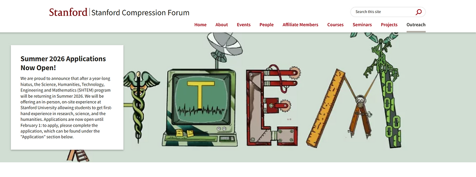 Stanford Compression Forum site with a graphic spelling "STEAM" using themed illustrations. Text box announces Summer 2026 applications open.