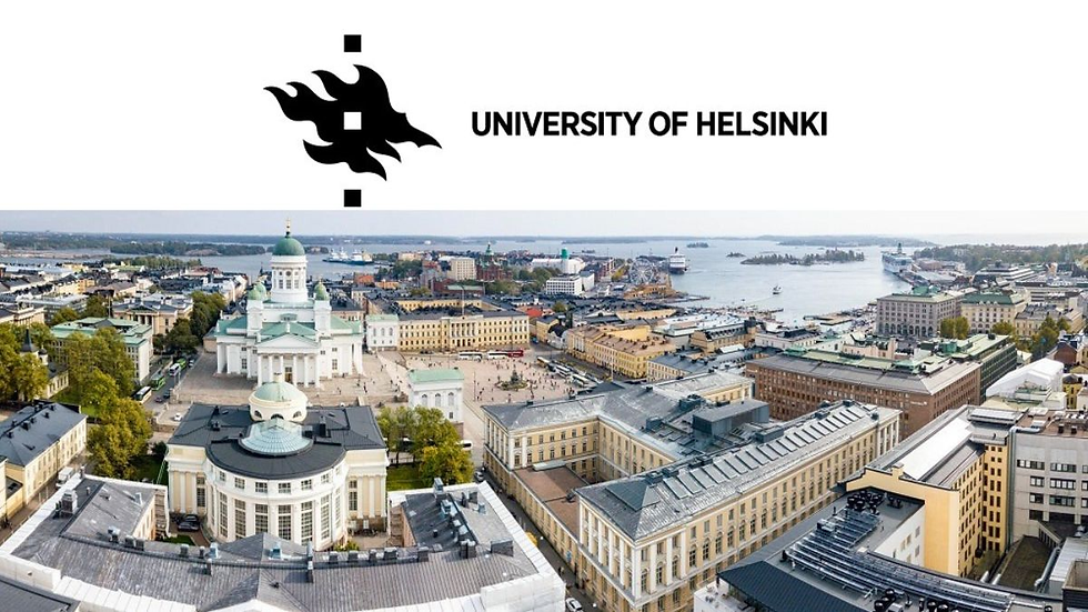 Aerial view of Helsinki with University of Helsinki logo above. Cityscape includes the Cathedral, harbor, and historic buildings.