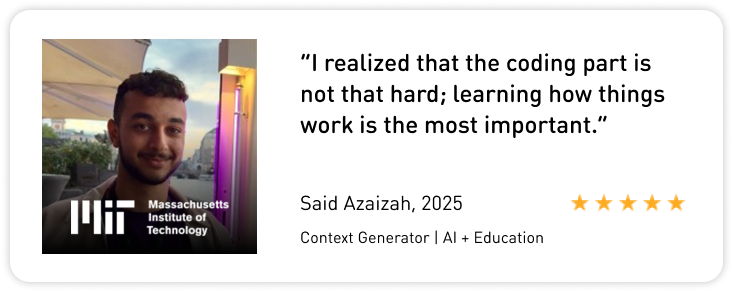 Young man smiling beside MIT logo, quote on coding ease and importance of understanding. Five stars, caption shows name, year, and field.