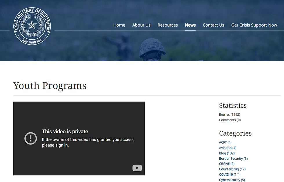 Texas Military Department webpage for Youth Programs. Private video message displayed. Menu options and statistics on right. Blue header with logo.
