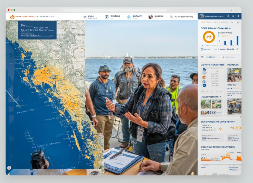 A group of people on a boat view a coastal map. A woman speaks, gesturing with hands. Screens display charts and data. Ocean in the background.