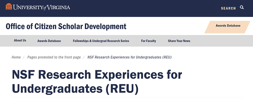 University of Virginia webpage with header "Office of Citizen Scholar Development," tabs, "NSF Research Experiences for Undergraduates (REU)" text.