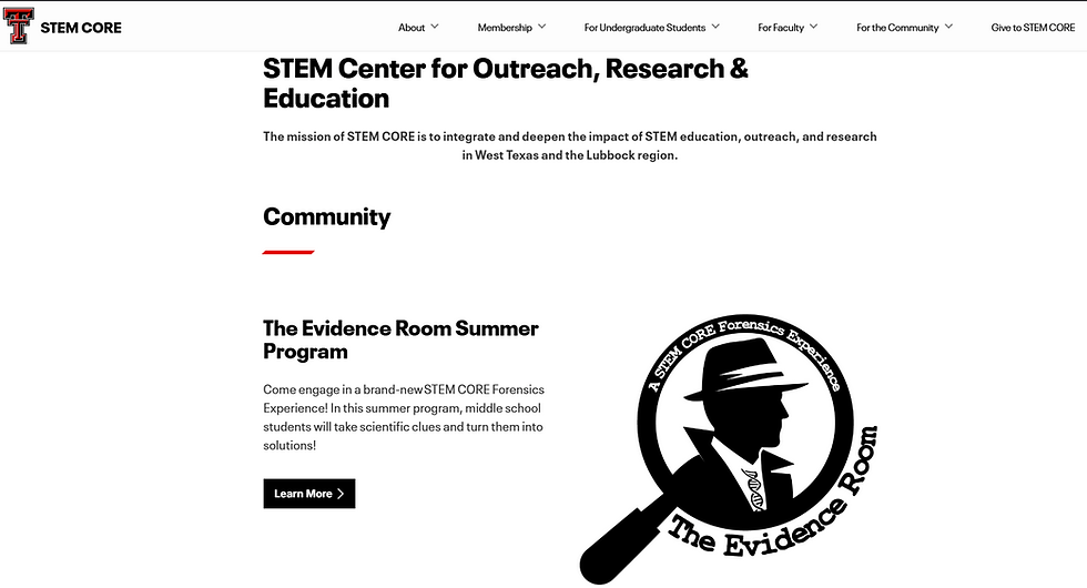 STEM CORE webpage promoting The Evidence Room Summer Program. Features a detective logo, black and white design, and a "Learn More" button.