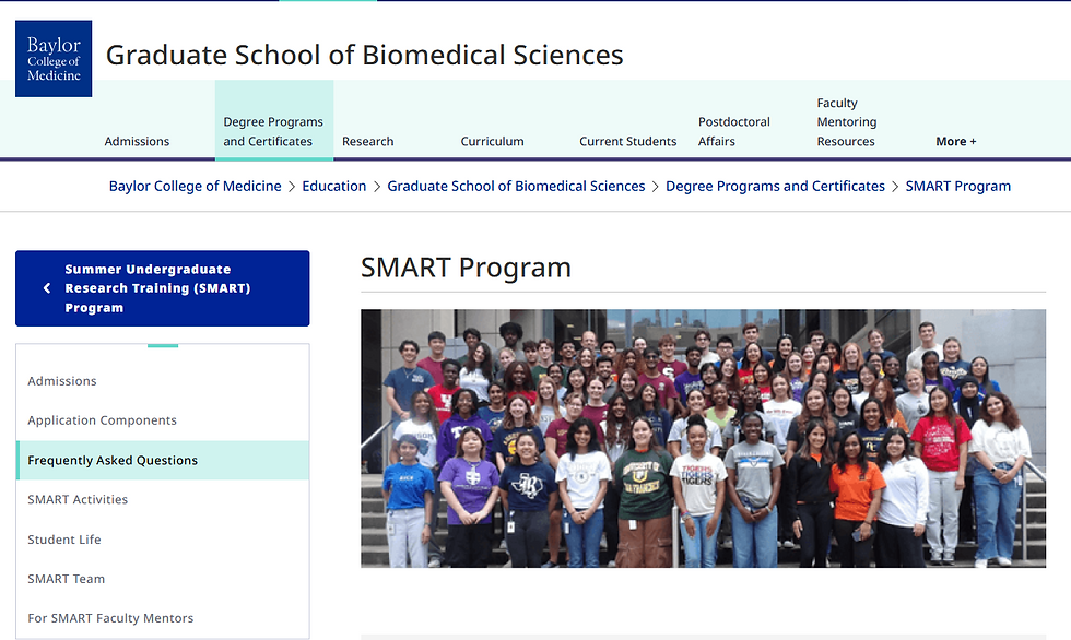 Baylor College of Medicine SMART Program webpage with a large group photo of diverse students standing on steps.
