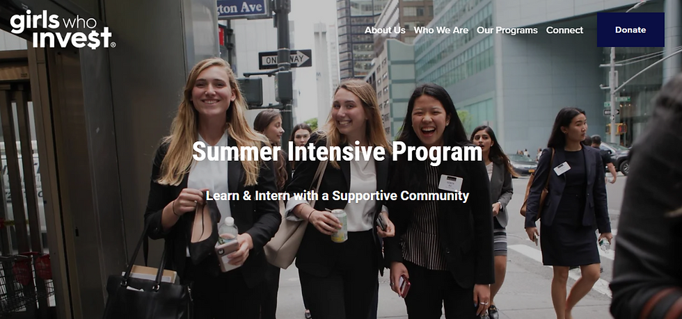 Smiling women in business attire walking in a city. Text: Girls Who Invest, Summer Intensive Program. Urban background, lively mood.