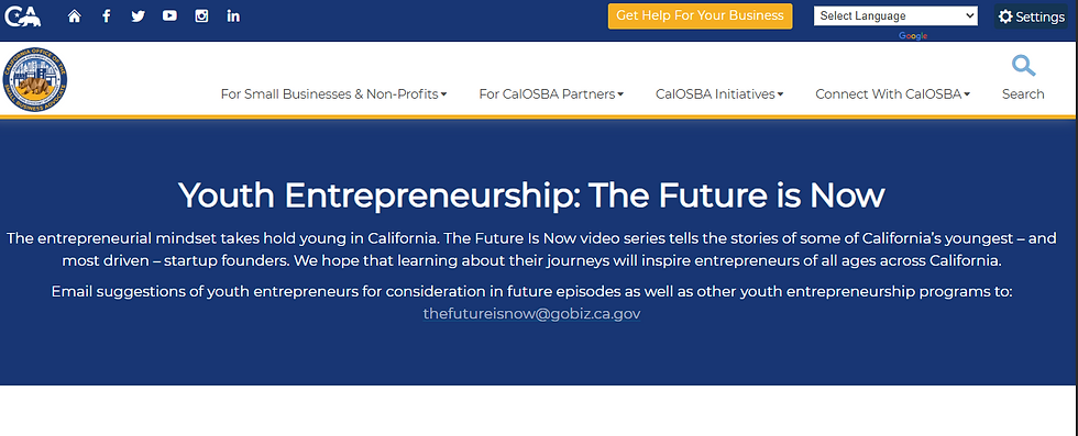 Youth Entrepreneurship webpage, navy background. Text: "The Future is Now." Encourages emails with suggestions for young entrepreneurs.
