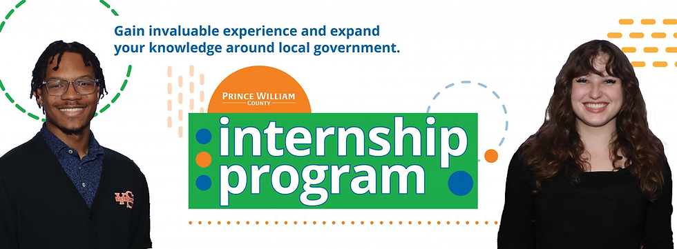 Smiling man and woman beside "internship program" text on a colorful background with dots and dashes. Text invites local government knowledge.