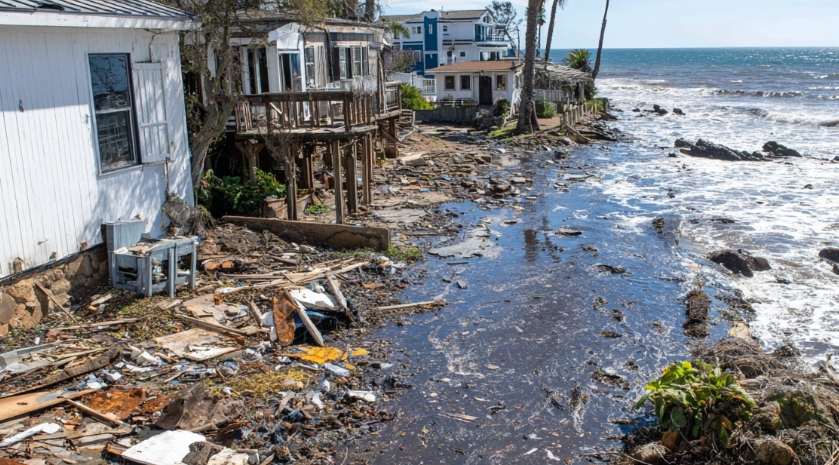 Debris and damaged houses line a flooded, muddy beach after a storm. The ocean is rough, and the mood is chaotic and destructive.