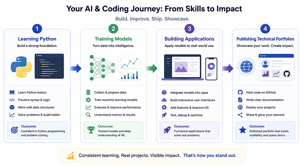 Infographic titled Your AI & Coding Journey: From Skills to Impact, showing 4 steps from Python learning to publishing portfolios.