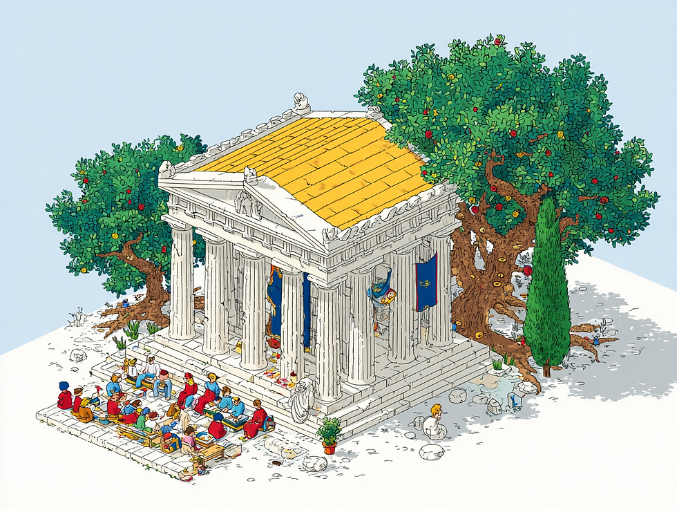 Temple with yellow roof, surrounded by lush trees. People in colorful robes sit on steps, books in hand. Greek-style architecture.