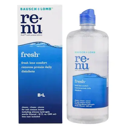 A bottle of Renu Fresh solution, showcasing a modern design and a pump top for easy dispensing