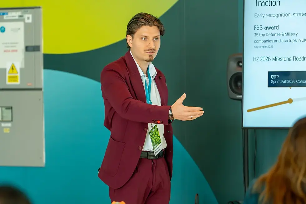 Sebastian Stirban pitching at QSTP sprint fall 2026