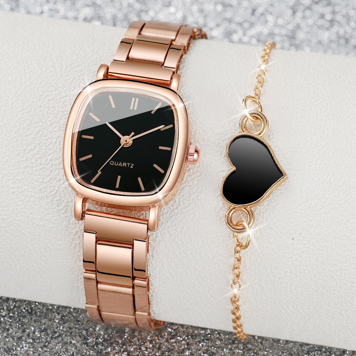 Kit Relógio Feminino Quadrado Luxo + Pulseira Coração em Aço Inoxidável –