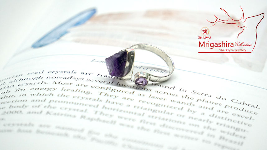 Raw Amethyst Crystal Diamond Cut Silver Adjustable Rings