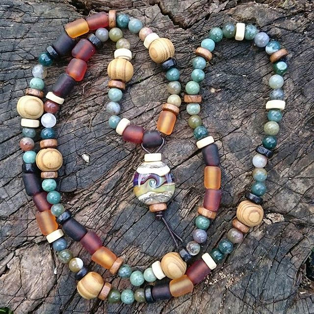 Glass focal and frosted amber glass bead