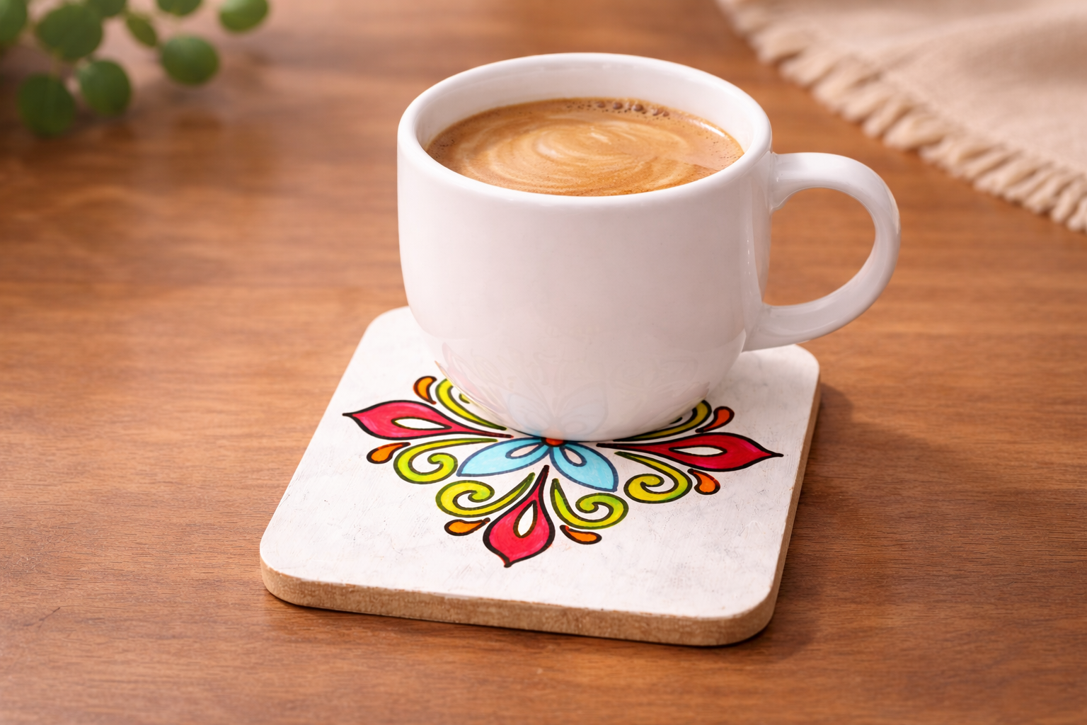 Renkli Mandala Desenli El Yapımı Ahşap Kahve ve Sunum Altlığı