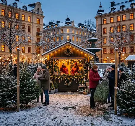 Julgranar på Mariatorget i Stockholm med dekorerad bod, kransar och julpynt.